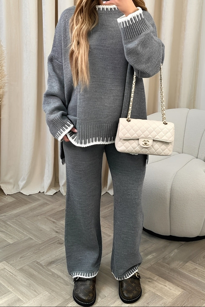 Ensemble pour femme composé d’un pull en maille et d’un pantalon à jambes larges, avec finitions côtelées contrastantes – Tenue d’intérieur deux pièces à coupe décontractée pour un confort quotidien