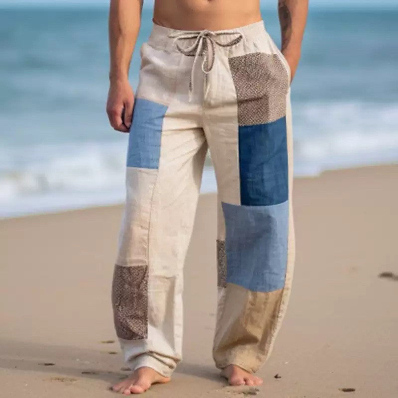 Men’s Patchwork Cotton-Linen Trousers – Relaxed Drawstring Pants for Casual Summer Wear