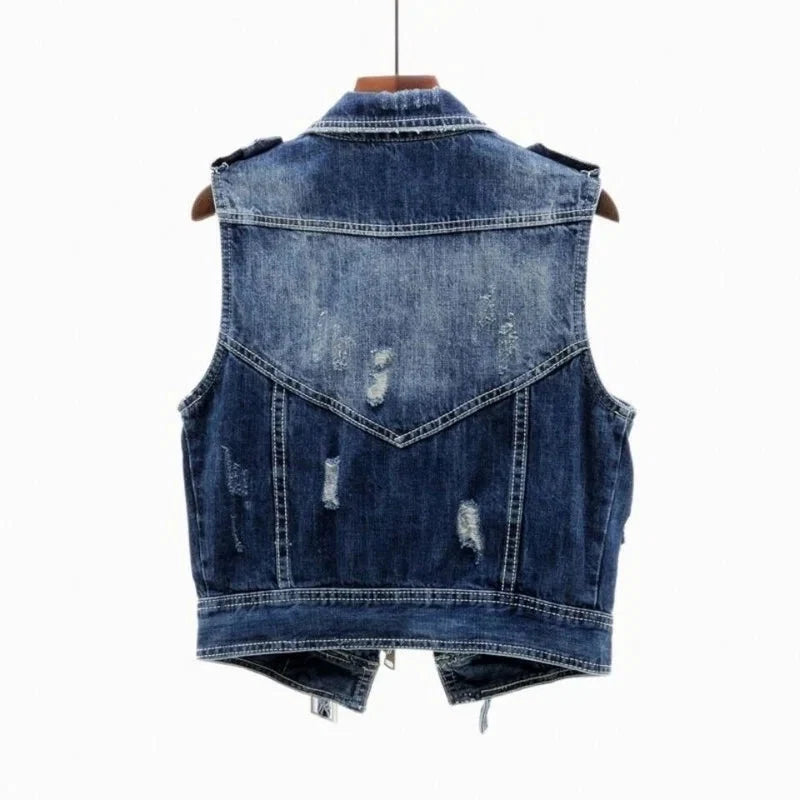 Gilet de motard en denim de coton pour homme – couche sans manches effet usé avec fermeture éclair asymétrique et ceinture réglable