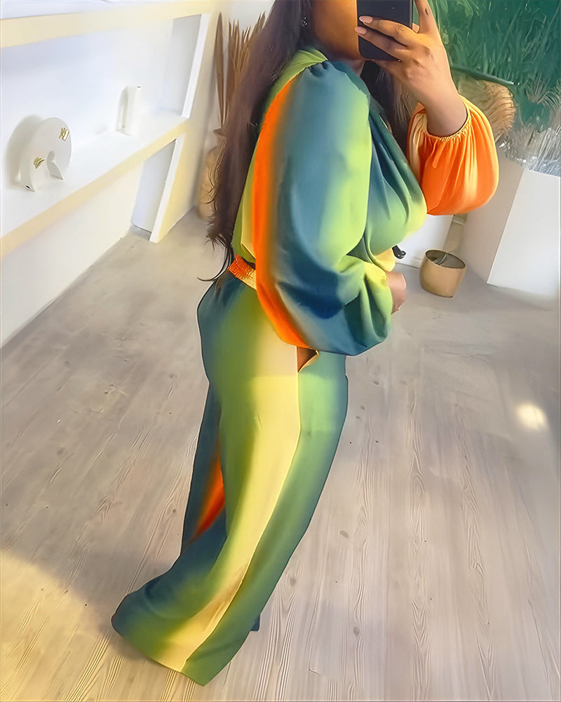 Tie Dye 2Piece Cowl Neck Set – Puff Sleeve Top & Wide Leg Pants