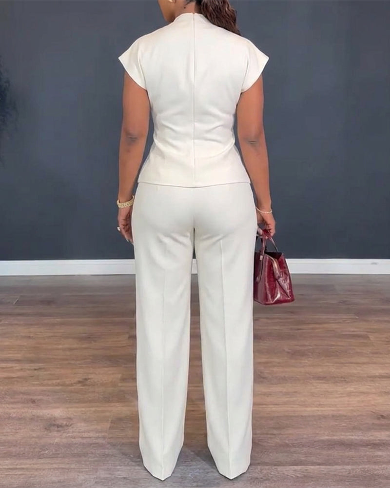 TwoPiece V-Neck Twist Front Top & Straight Leg Pants Set – Casual & Smart Workwear