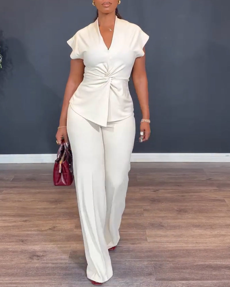 TwoPiece V-Neck Twist Front Top & Straight Leg Pants Set – Casual & Smart Workwear