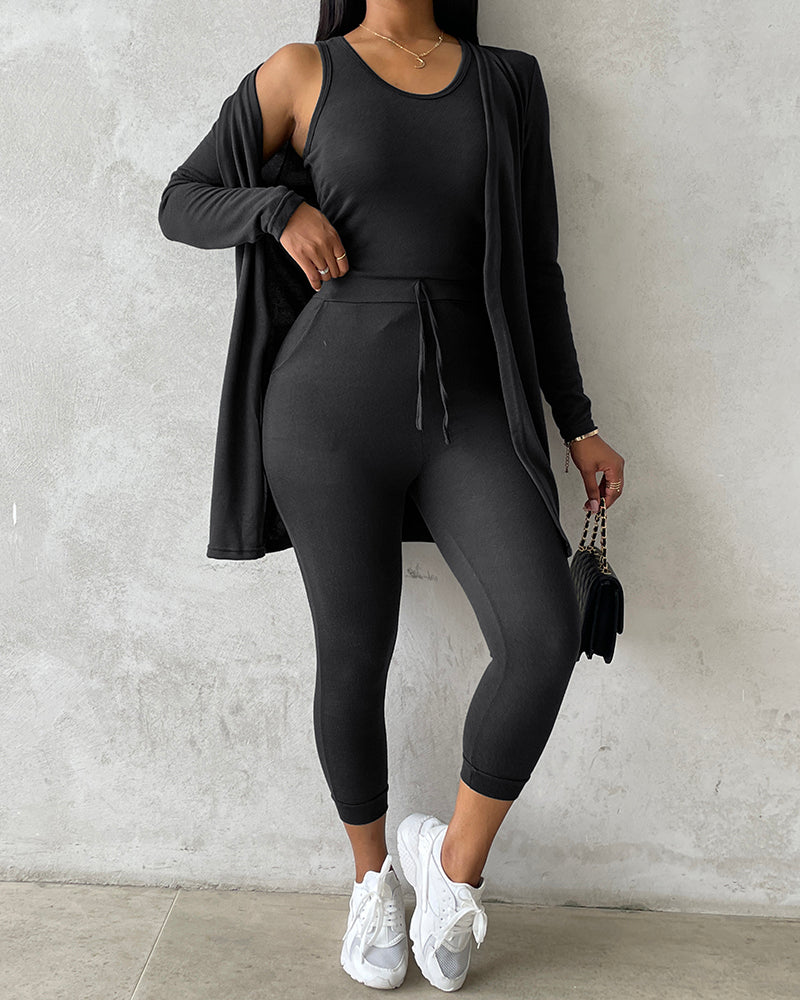 Women’s 3 Piece Lounge Set – Sleeveless Top, Open Front Cardigan & Relaxed Fit Pants