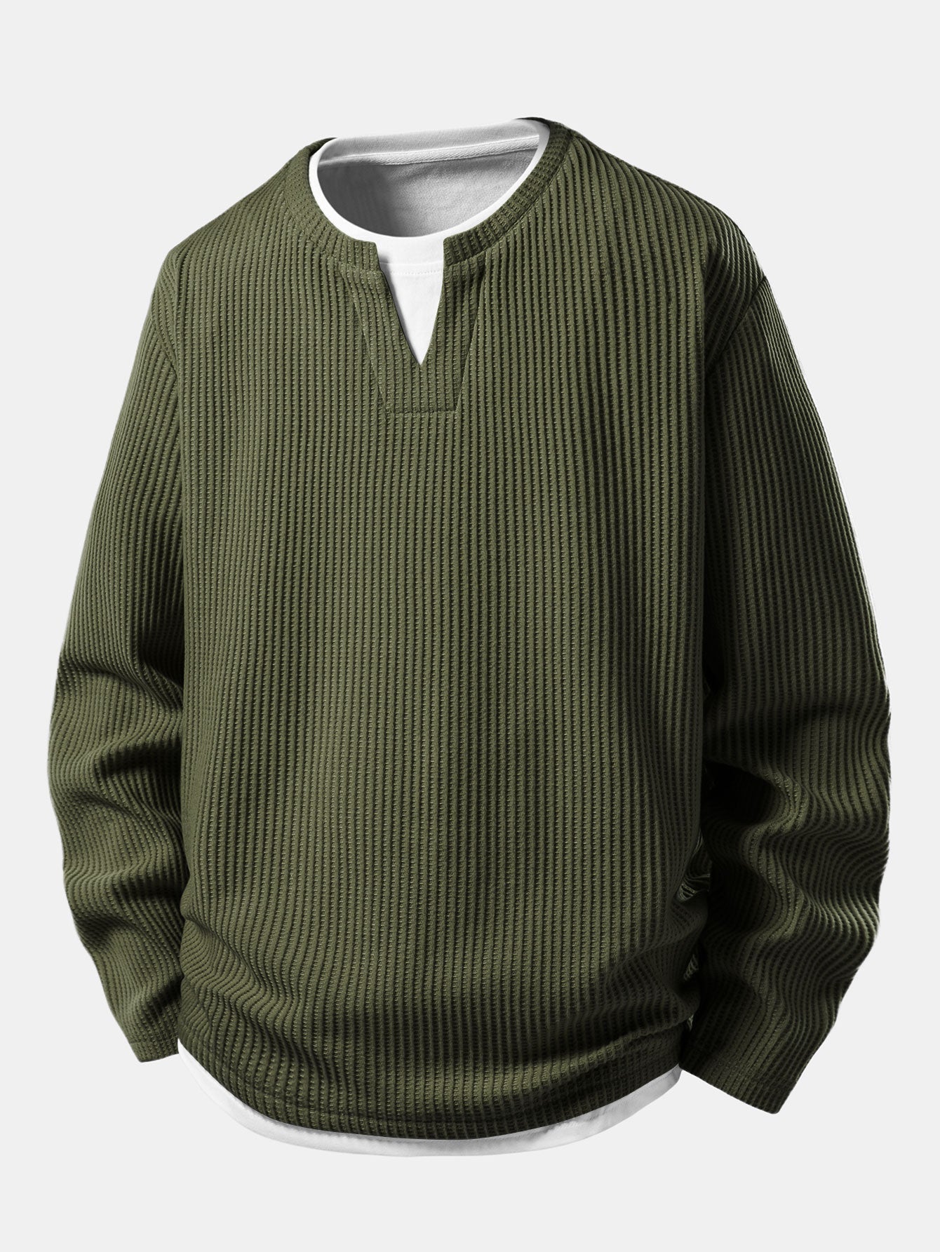 T-shirt gaufré pour homme à col tunisien avec couche intégrée – Manches longues décontractées pour les saisons intermédiaires