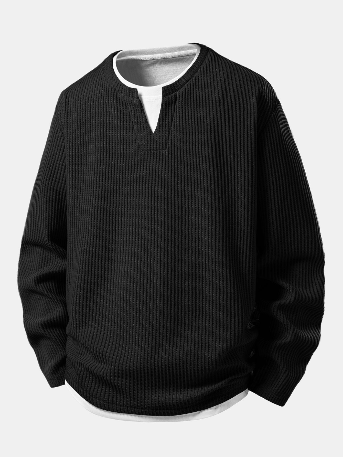 T-shirt gaufré pour homme à col tunisien avec couche intégrée – Manches longues décontractées pour les saisons intermédiaires
