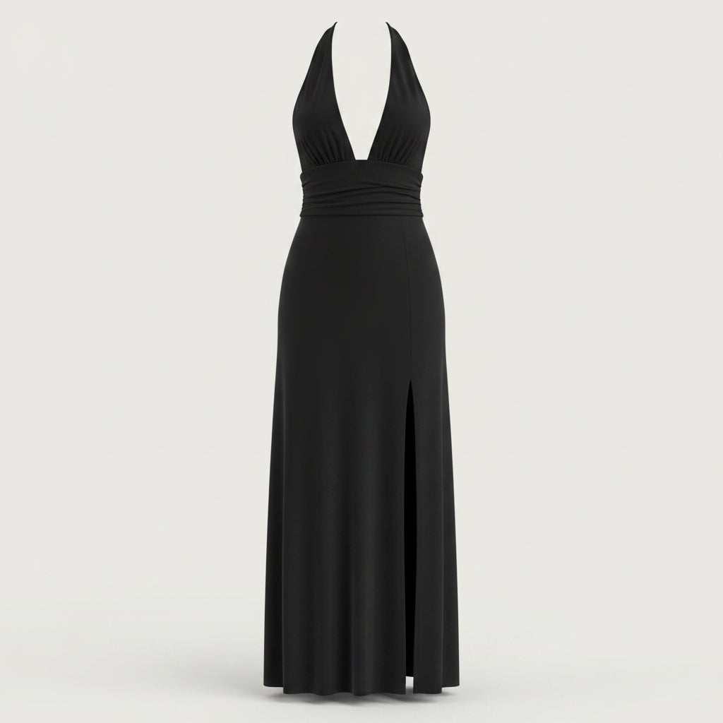 Maxikleid mit Neckholder für Damen – Eleganter Hochzeitsgast-Stil mit tiefem Ausschnitt und Seitenschlitz