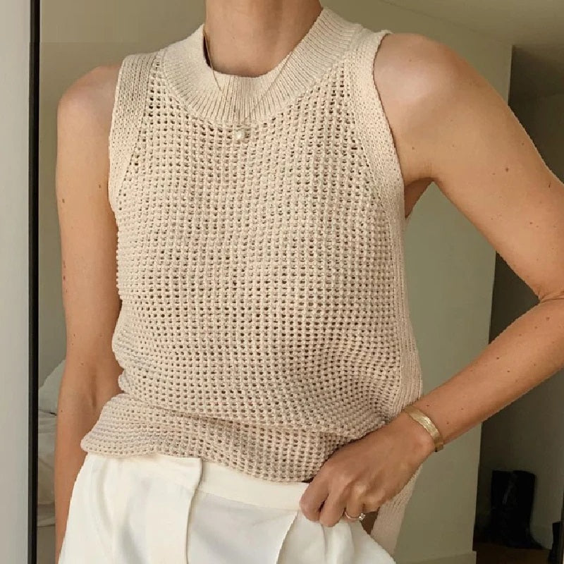 Haut sans manches ajouré pour femme - Superposition estivale ample à col rond pour les vacances décontractées du quotidien et les tenues chic décontractées
