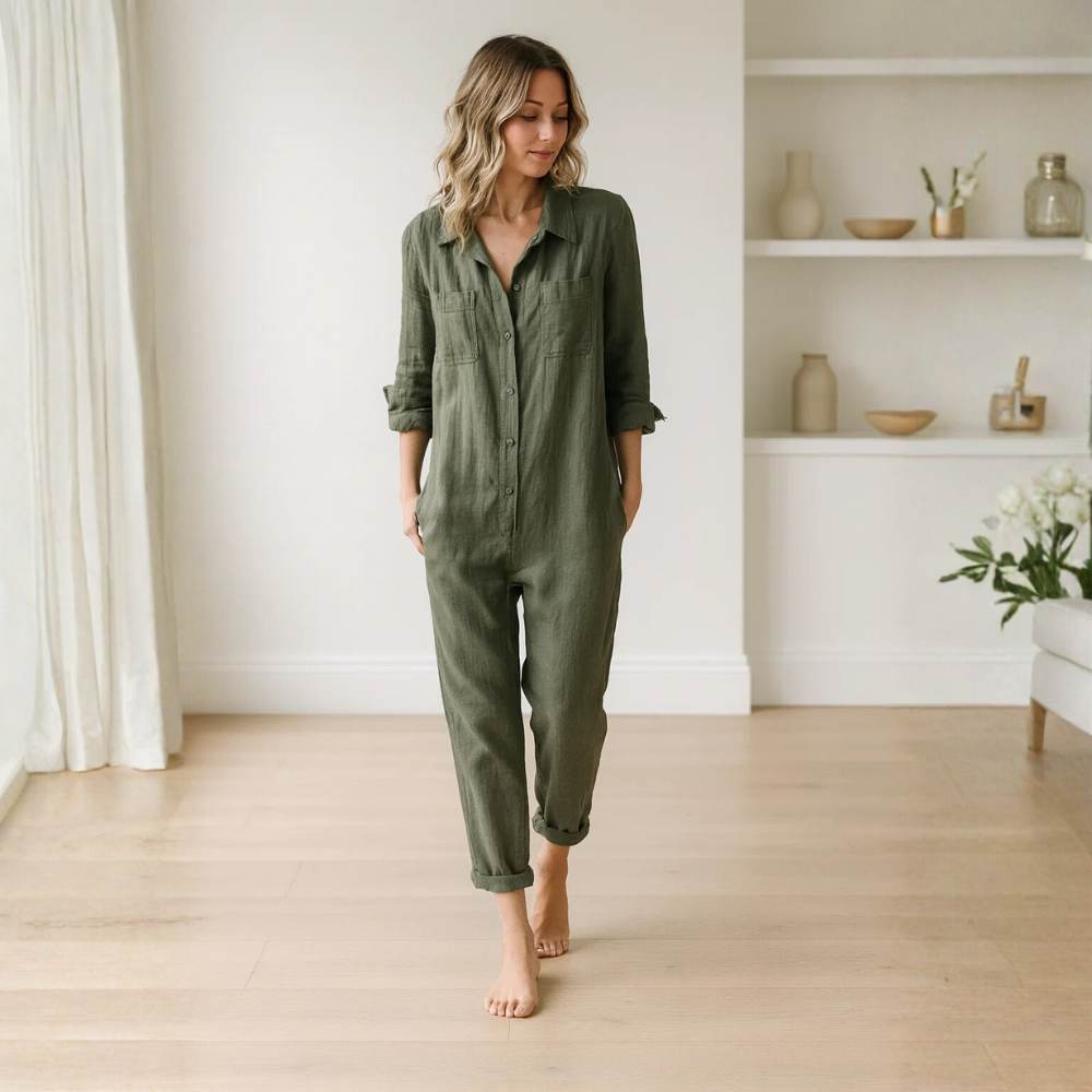 Women’s Button-Front Utility Jumpsuit – Relaxed Long-Sleeve One-Piece with Pockets for Casual Everyday and Travel Wear