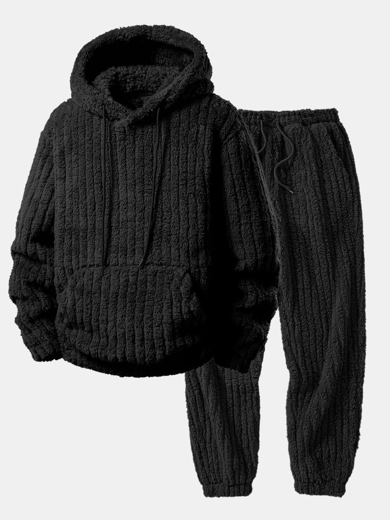 Men’s Winter Teddy Co-Ord Tracksuit – Ribbed Pullover Hoodie with Matching Joggers