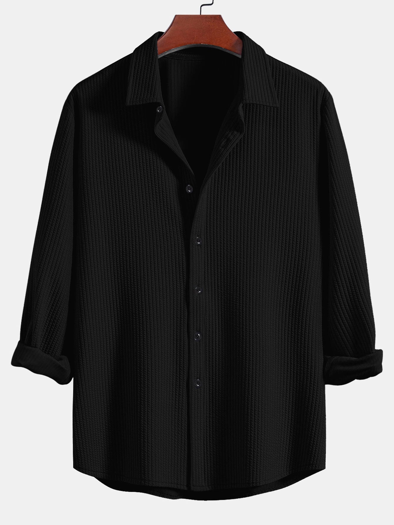 Men’s Muscle-Fit Ribbed Button Shirt – Stretch Textured Smart Casual Top