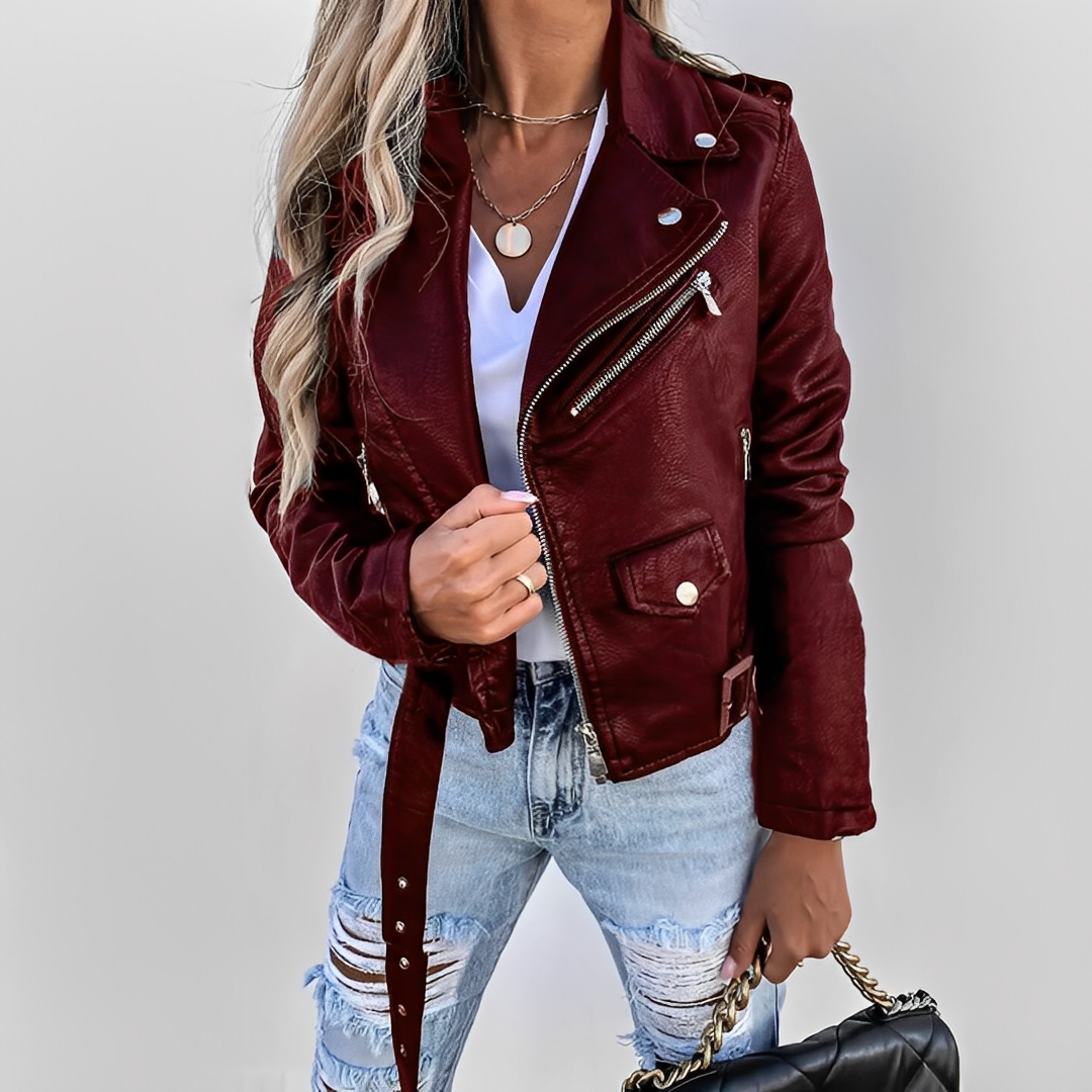 Dames - getailleerd bikerjack van imitatieleer met asymmetrische ritssluiting en reverskraag – kort motorjack met verstelbare ceintuur in de taille en zakken met rits voor casual streetwear in de herfst en lente
