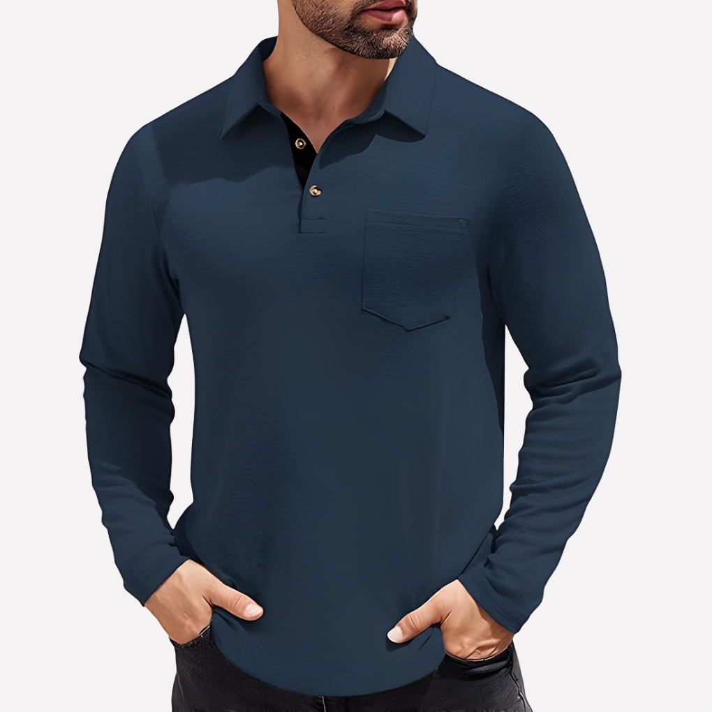 Men’s Long Sleeve Polo Shirt Chest Pocket Casual Fit
