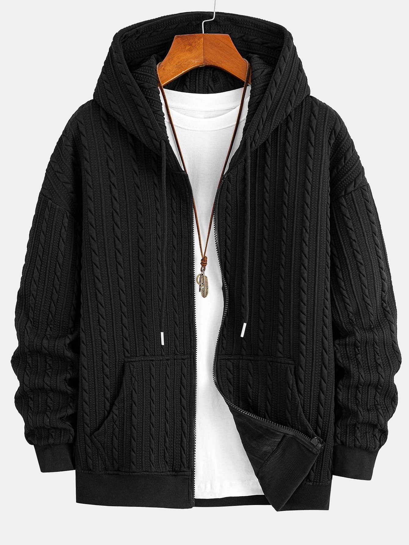 Men’s Textured Zip Hoodie Tracksuit – Jacquard Straight-Leg Set for Cold-Weather Casual Wear