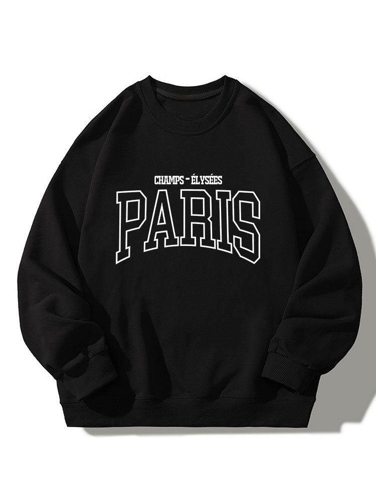 Sweatshirt masculino em mistura de algodão com estampa gráfica de Paris – Corte descontraído, gola redonda, estilo universitário casual para o dia a dia