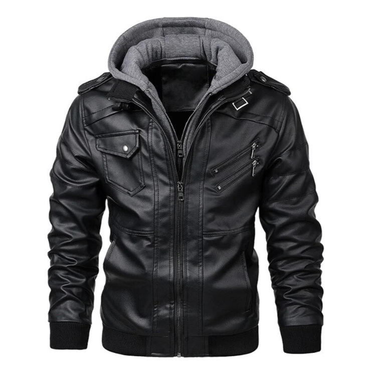 Herren-Lederjacke mit Kapuze und Utility-Design – Mehrtaschen-Schicht für den Alltag