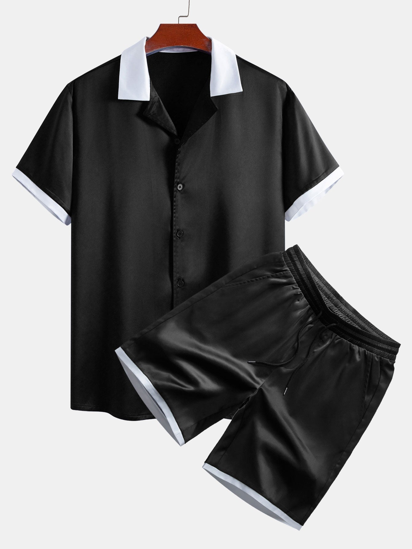 Men’s Smooth Satin Co-Ord – Short-Sleeve Shirt and Drawstring Shorts for Summer Evenings