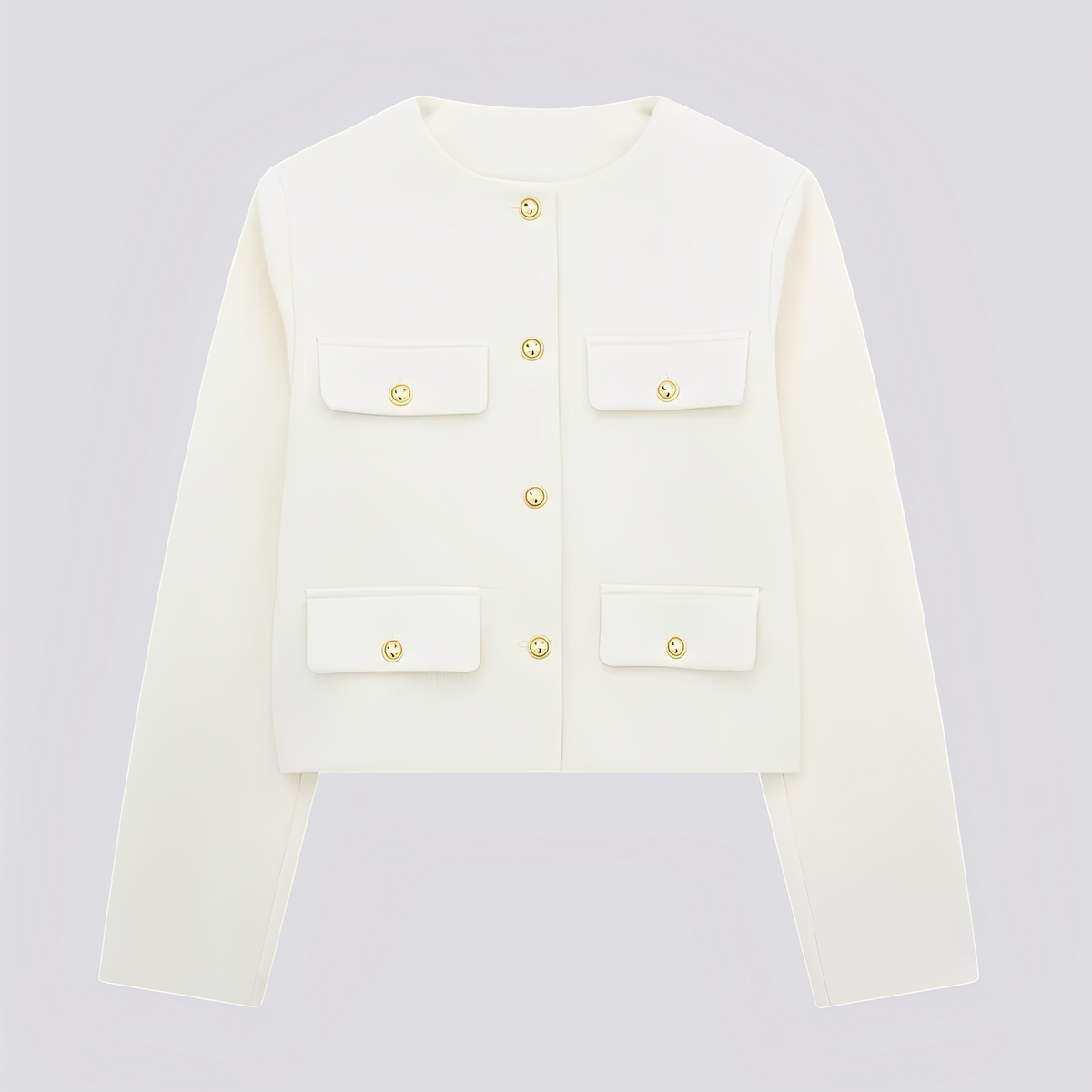 Kort damesjasje zonder kraag met decoratieve knopen en klepzakken - elegante getailleerde laag voor nette casual outfits