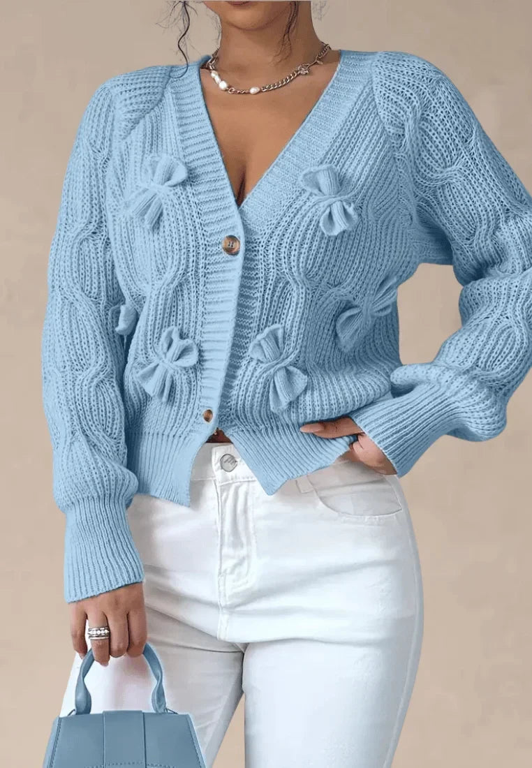 Cardigan tricotat cu torsade pentru femei, cu funde decorative și decolteu în V - strat scurt, lejer, cu nasturi în față și mâneci lungi, pentru un stil romantic de zi cu zi