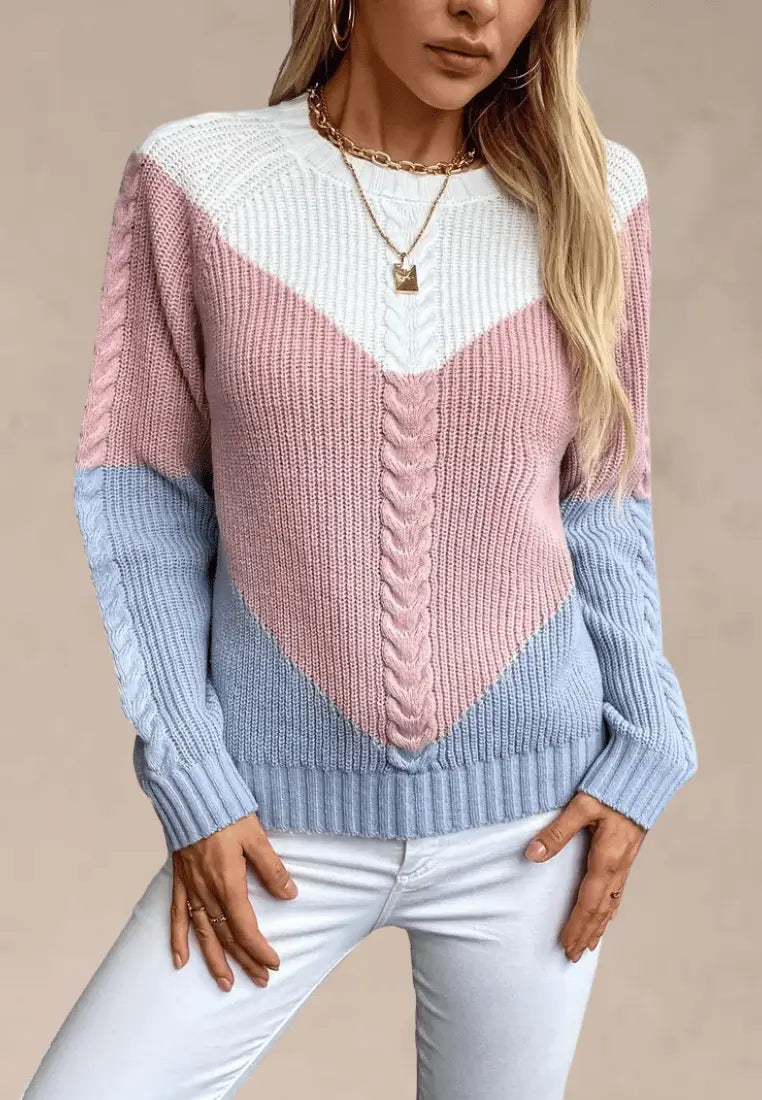 Damenpullover mit Colorblock-Design und Zopfmuster – Strukturierter Strickpullover mit Rundhalsausschnitt und langen Ärmeln für Herbst und Winter