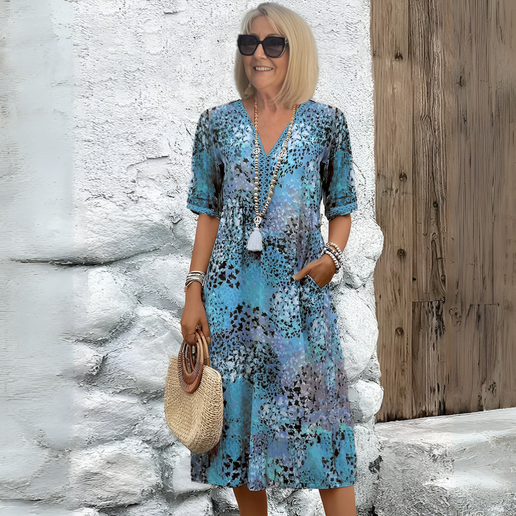 Vestido midi estampado para mujer con escote en V y corte relajado