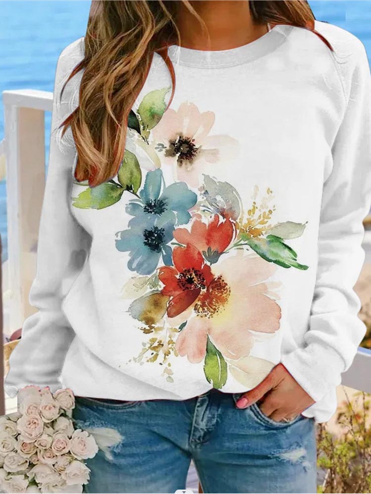 Felpa da donna con stampa artistica – Pullover con girocollo dal taglio comodo per il look del weekend
