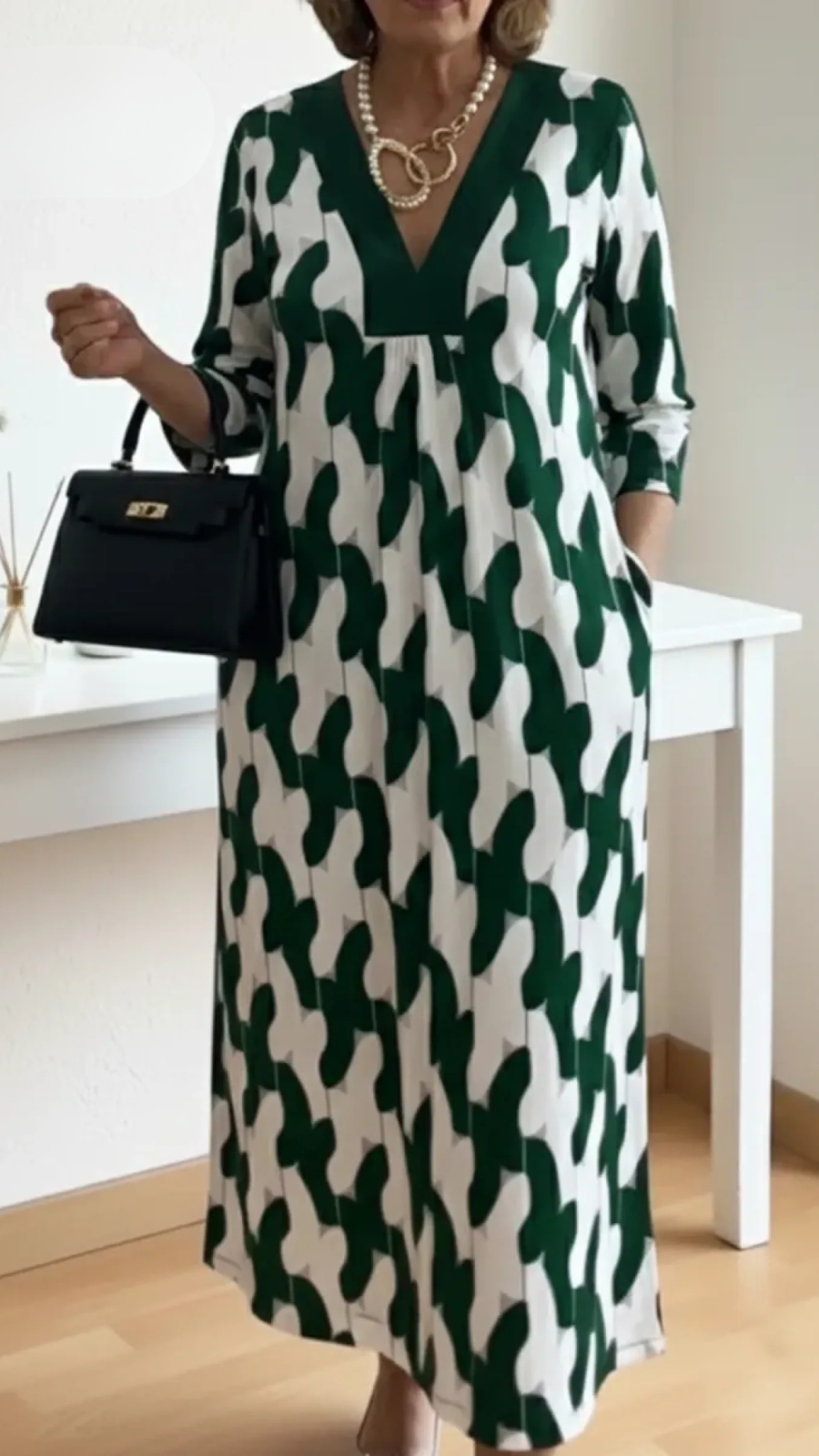 Women’s Printed Maxi Dress V Neck Three Quarter Sleeves