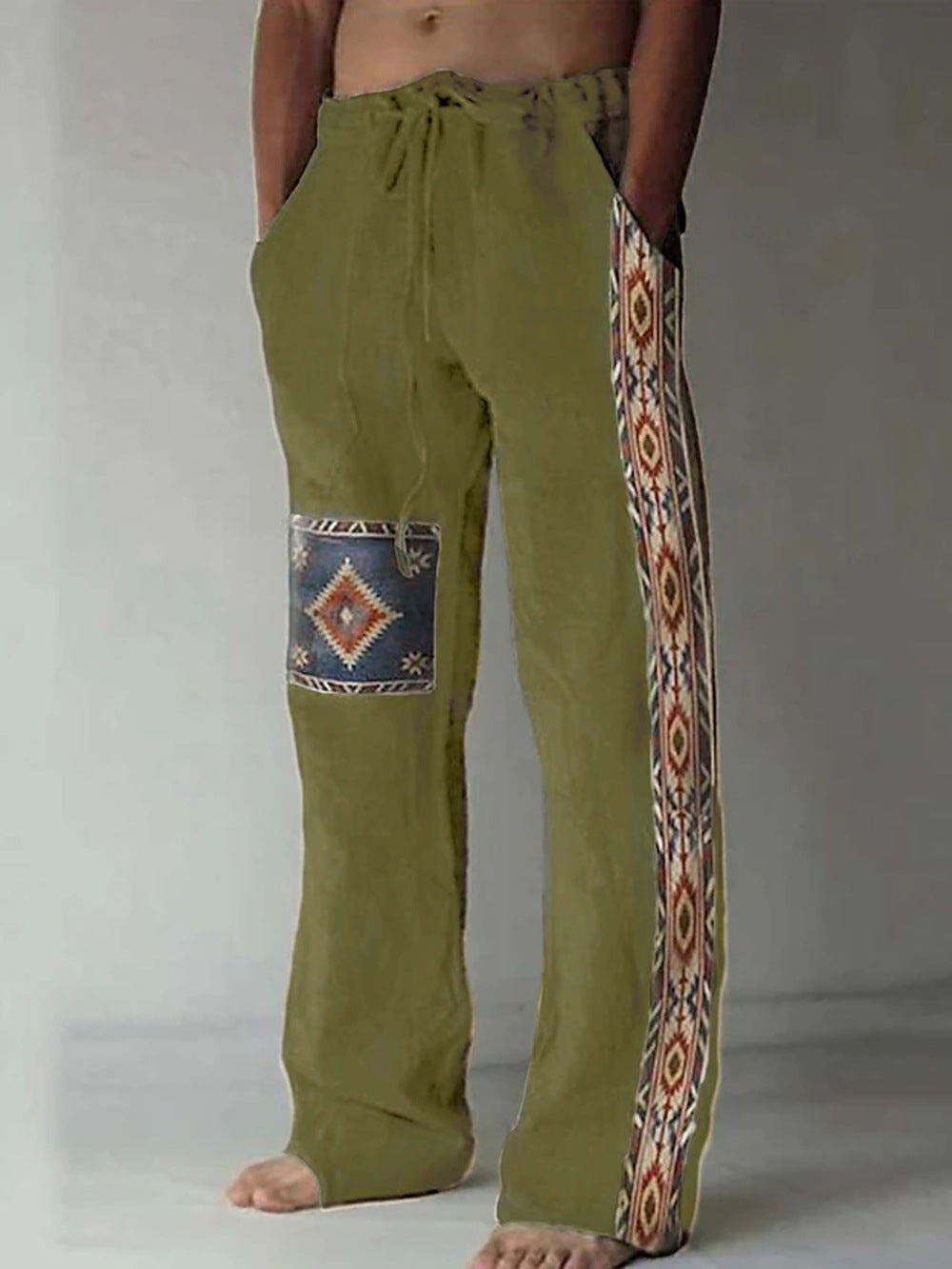 Men’s Patchwork Cotton-Linen Trousers – Relaxed Drawstring Pants for Casual Summer Wear