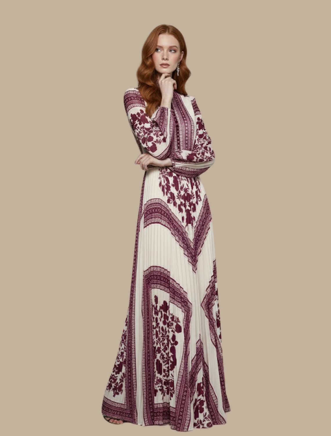 Women’s Printed Pleated Maxi Dress – Long-Sleeve Evening Gown for Formal Events