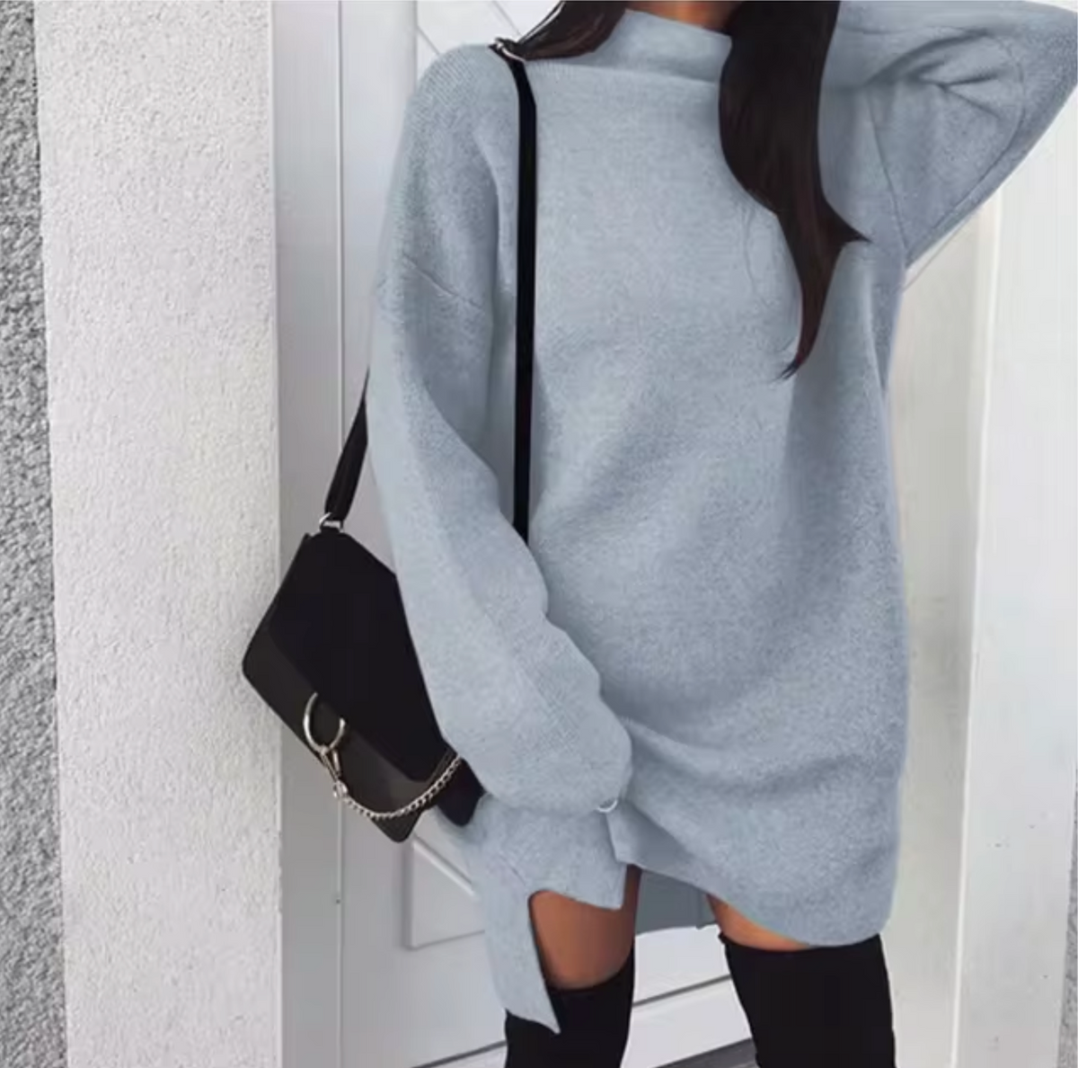 Robe-pull en laine et cachemire pour femme, avec col montant et fentes latérales – Style mini ample en maille pour une tenue douillette en automne et en hiver