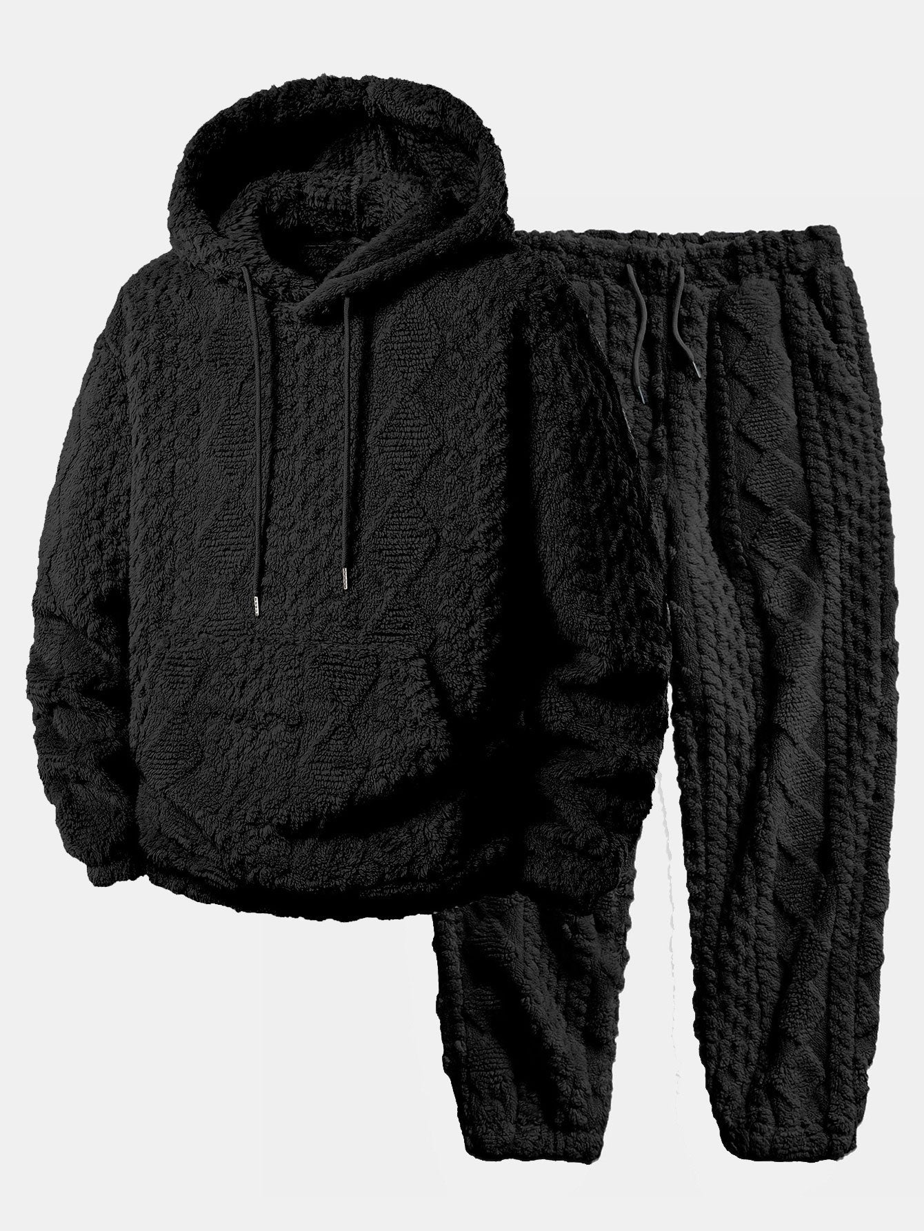 Ensemble de survêtement texturé en tissu pelucheux pour homme – sweat à capuche décontracté et pantalon de jogging pour les week-ends d’hiver