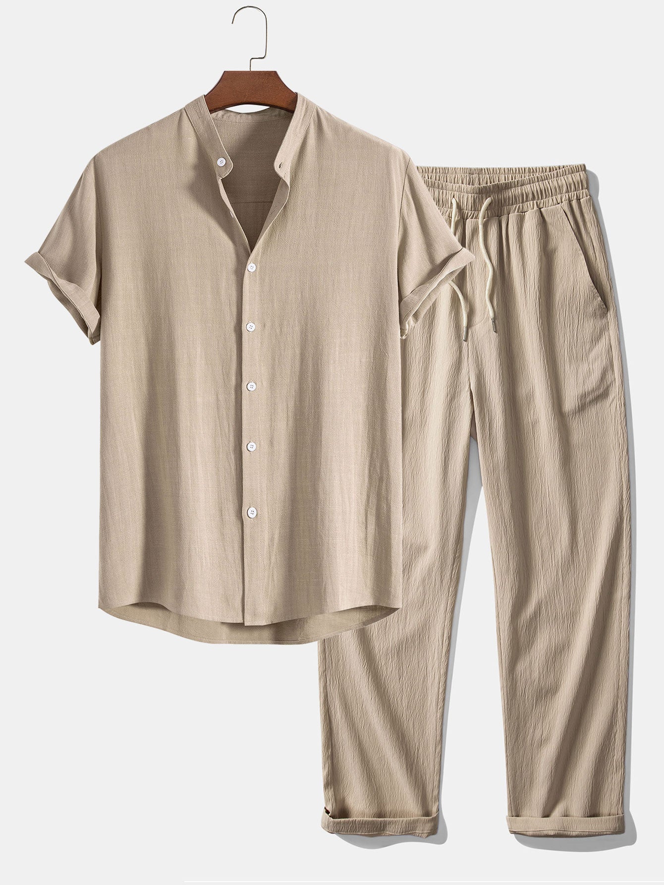 Men’s Linen Blend Summer Co-Ord – Stand Collar Shirt with Straight-Leg Trousers