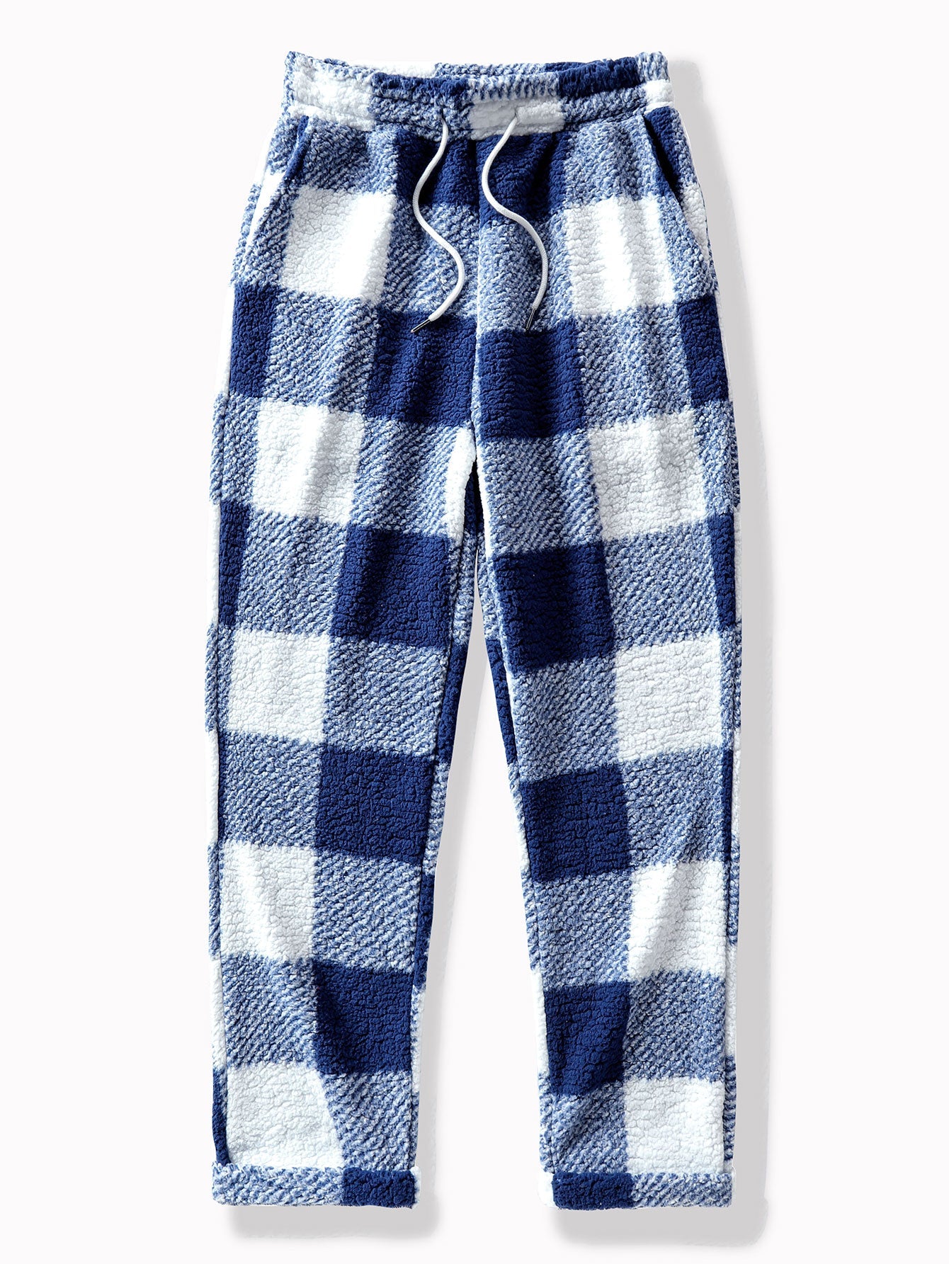 Men’s Checked Teddy Fleece Tracksuit – Hooded Two-Piece Set with Straight-Leg Trousers
