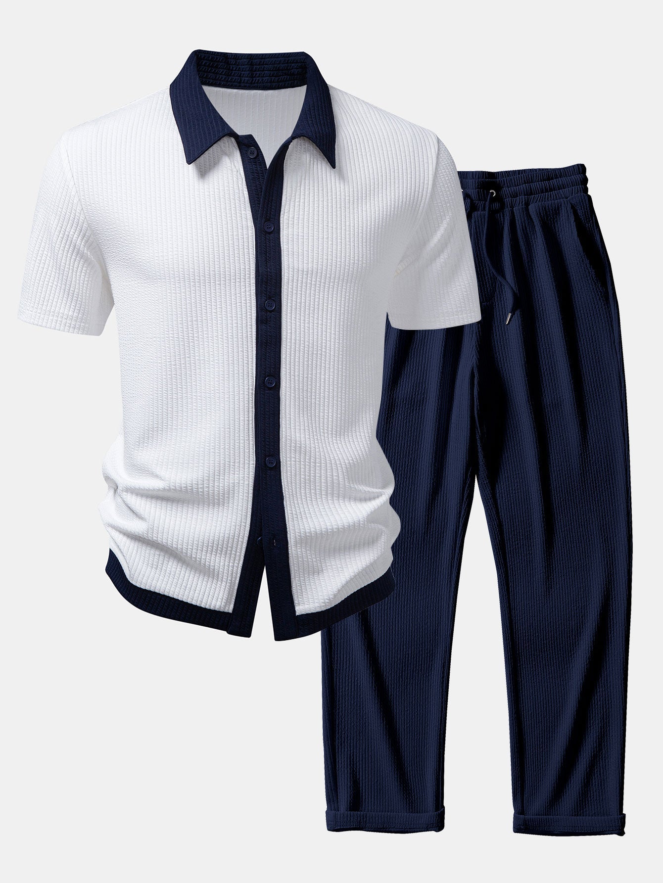 Men’s Stretch Ribbed Shirt and Straight-Leg Trouser Set for Smart Casual Wear
