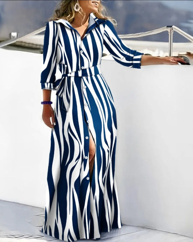 Vestido camisero estampado para mujer con cinturón, manga larga, largo midi