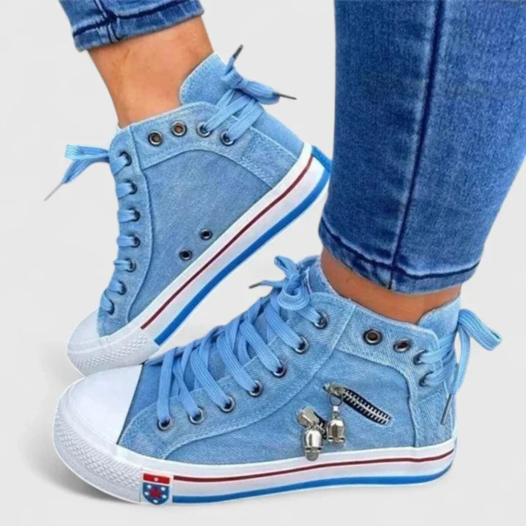 Women’s Denim High-Top Trainers – Lace-Up Casual Sneakers with Side Zip Detail