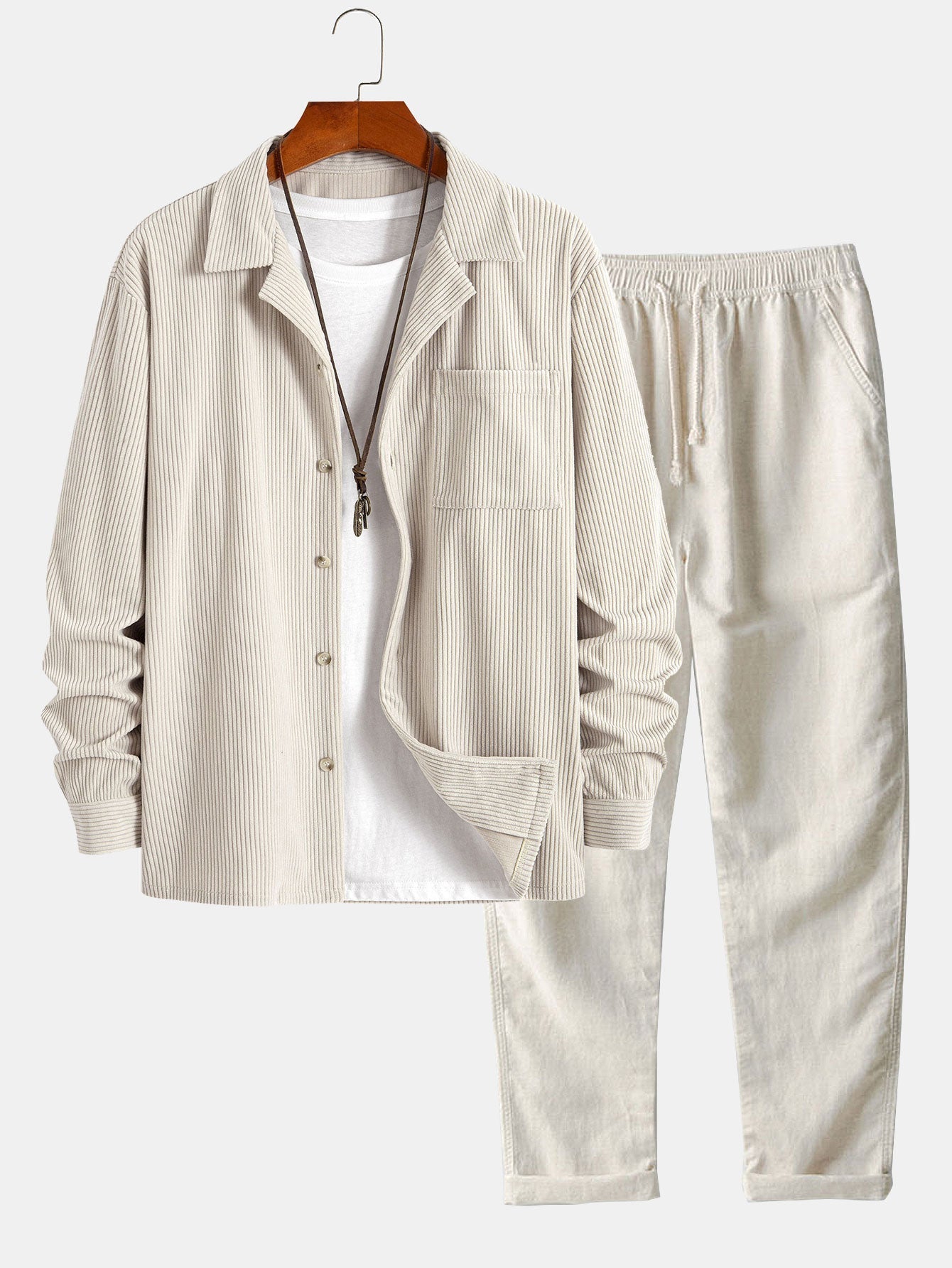 Men’s Corduroy Cuban Collar Shirt and Linen Blend Trousers – Relaxed Transitional Outfit