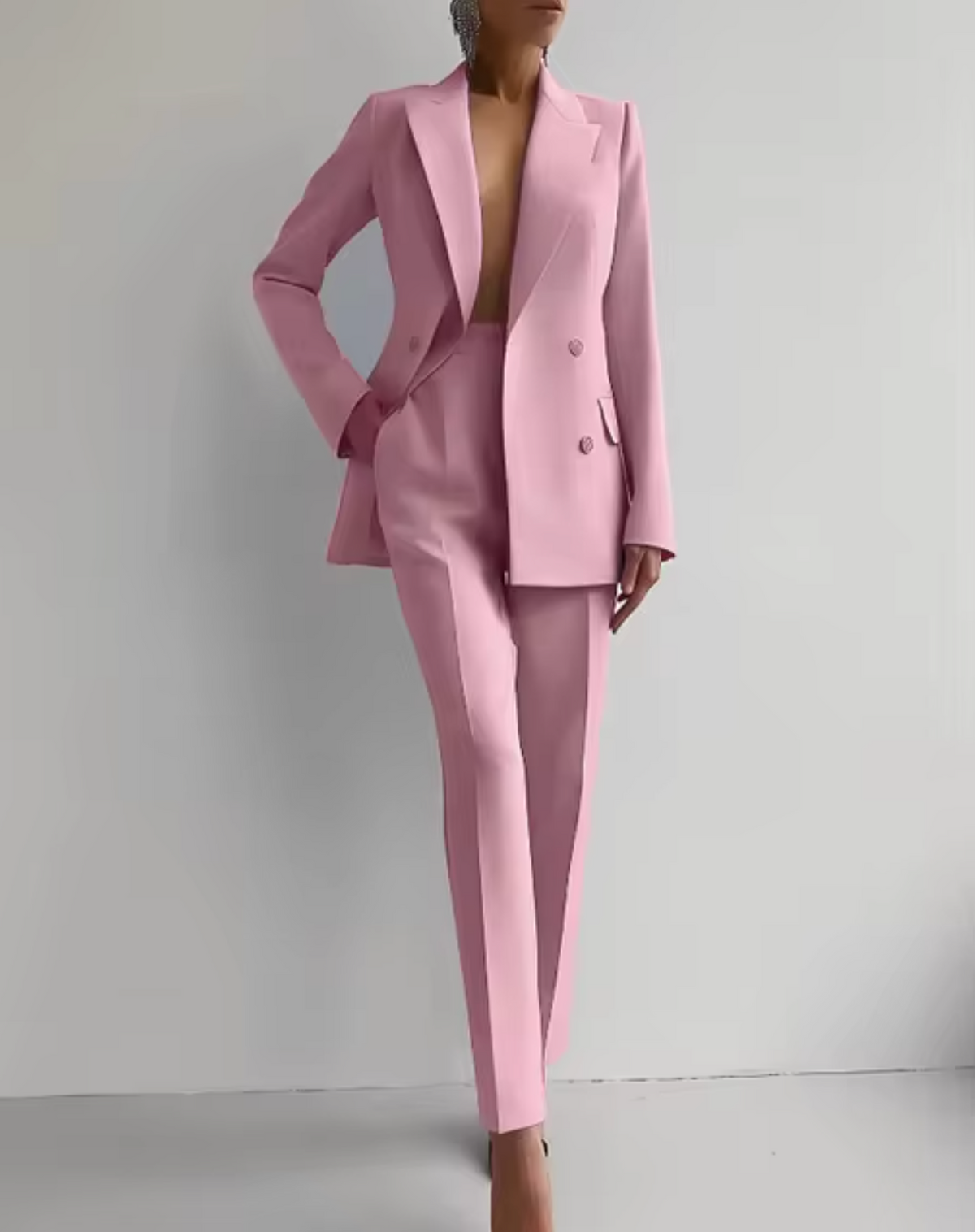 Fato feminino de duas peças com blazer e calças de corte elegante – Conjunto de negócios cintado, de abotoadura dupla, com calças de cintura subida para reuniões de trabalho e eventos formais