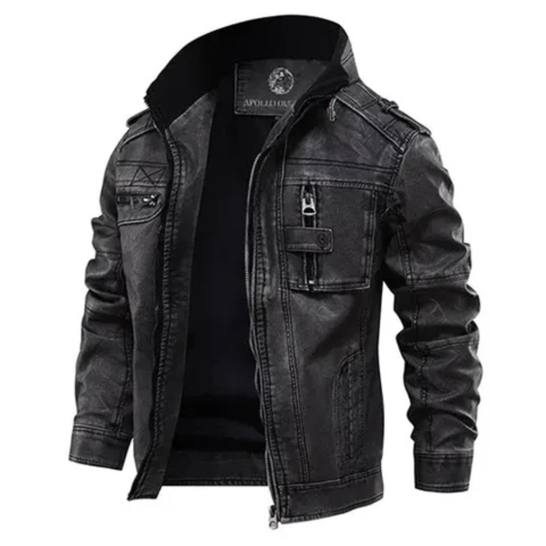 Casaco motard de homem com aspeto de pele, gola subida e bolsos utilitários – Casaco robusto com fecho para o outono e para um estilo casual urbano
