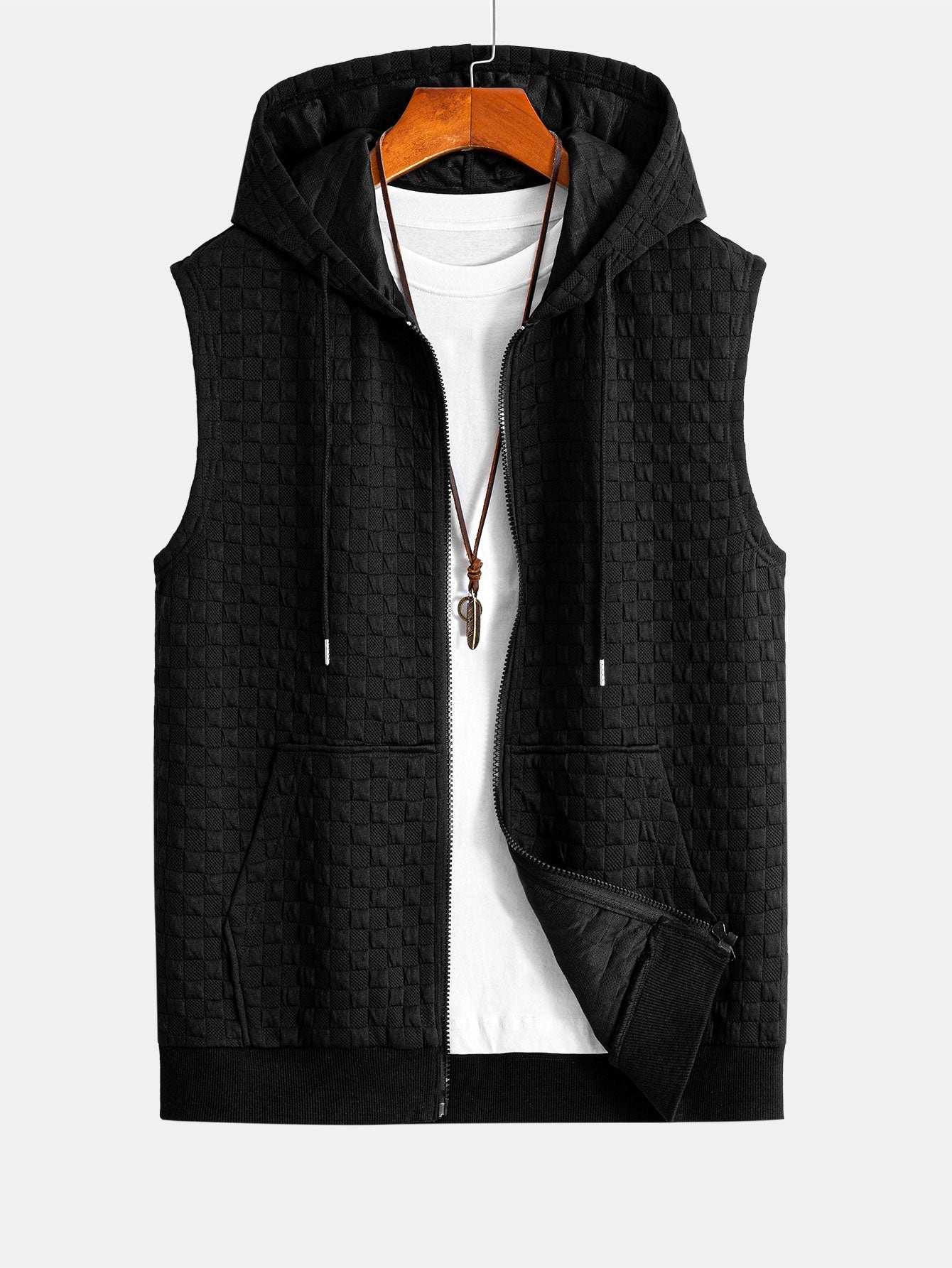 Men’s Sleeveless Hooded Vest Tracksuit – Textured Jogger Co-Ord for Streetwear