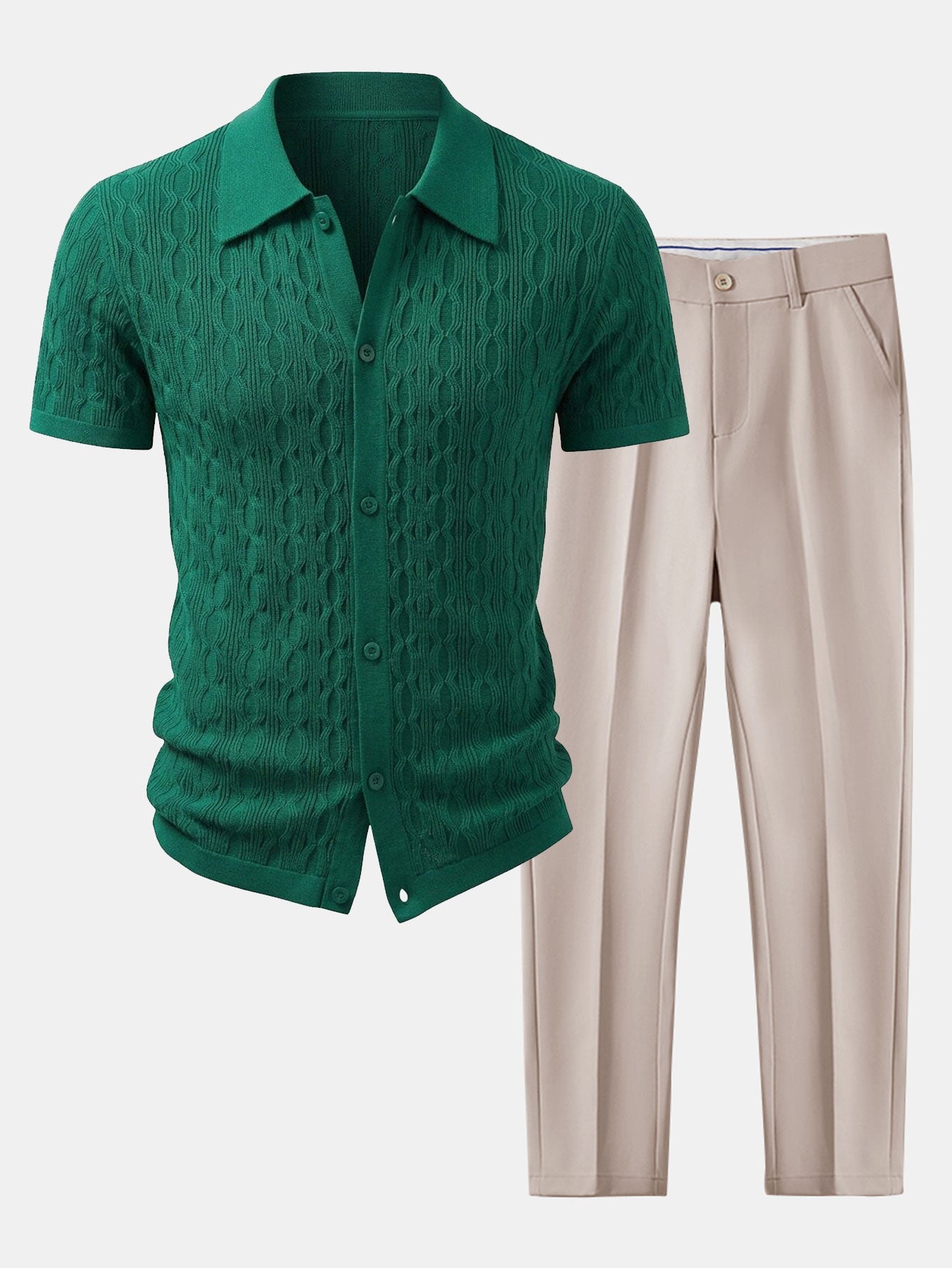 Set estivo uomo smart casual con camicia in maglia testurizzata di viscosa e pantaloni affusolati elasticizzati