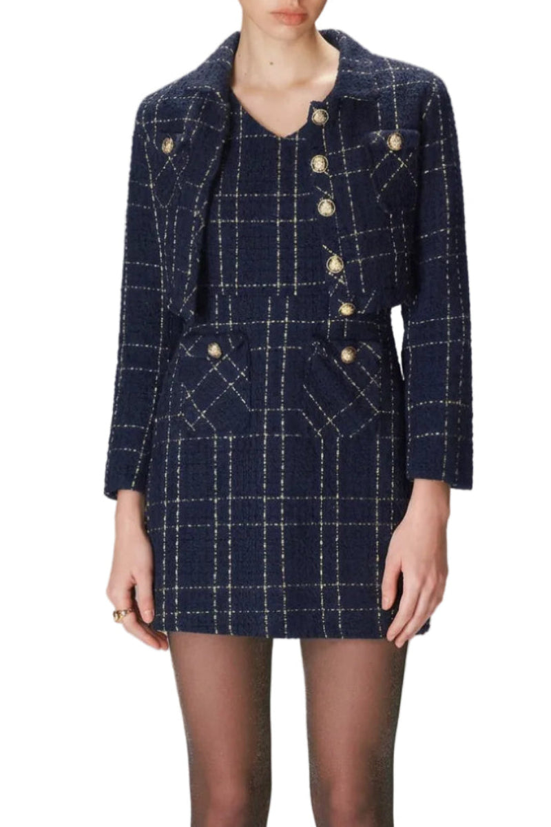 Set elegant din tweed pentru femei, format din două piese - sacou cambrat scurt, cu nasturi în față, și rochie mini mulată pentru ocazii elegante de toamnă și iarnă