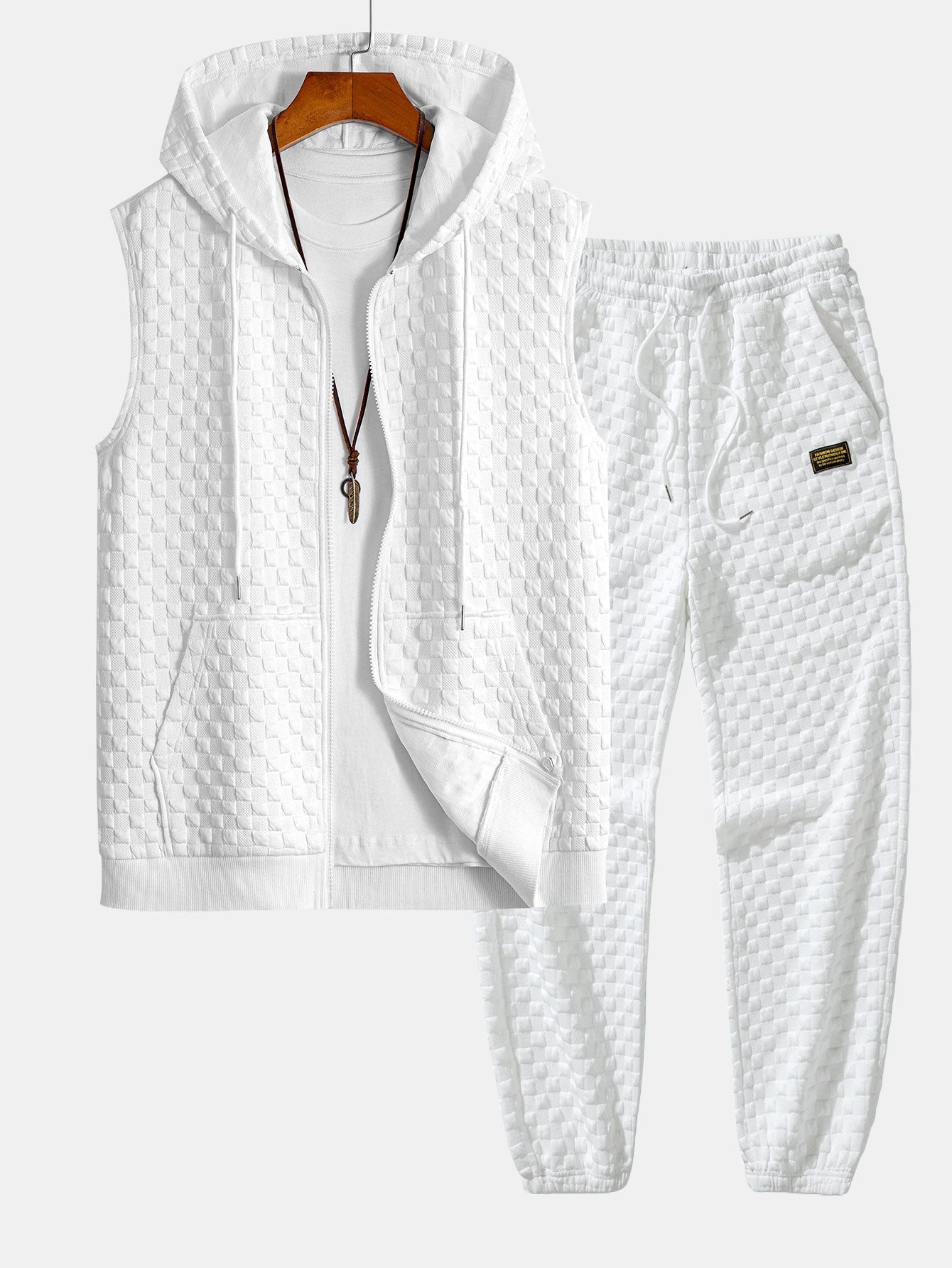 Men’s Sleeveless Hooded Vest Tracksuit – Textured Jogger Co-Ord for Streetwear