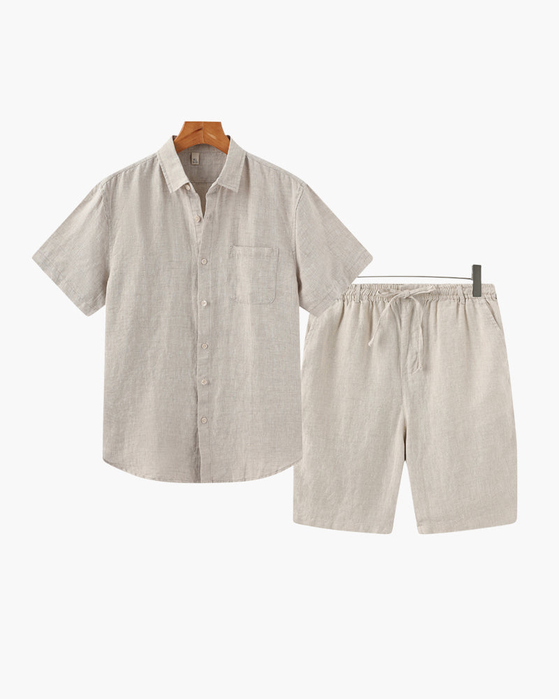 Set relaxat de vară pentru bărbați, cămașă și pantaloni scurți din in
