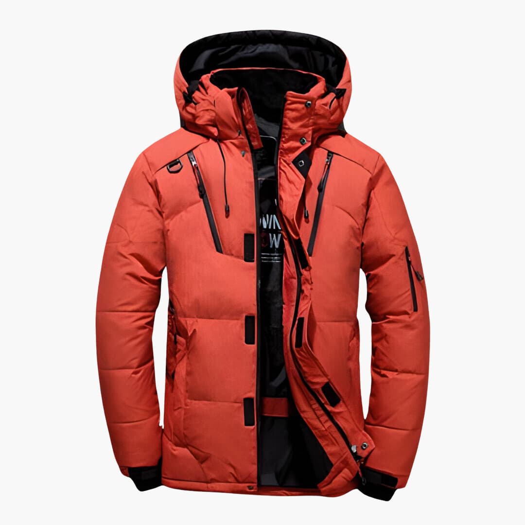 Men’s Weather-Resistant Hooded Down Jacket – Lightweight Insulated Multi-Pocket Layer for Active Winter Wear