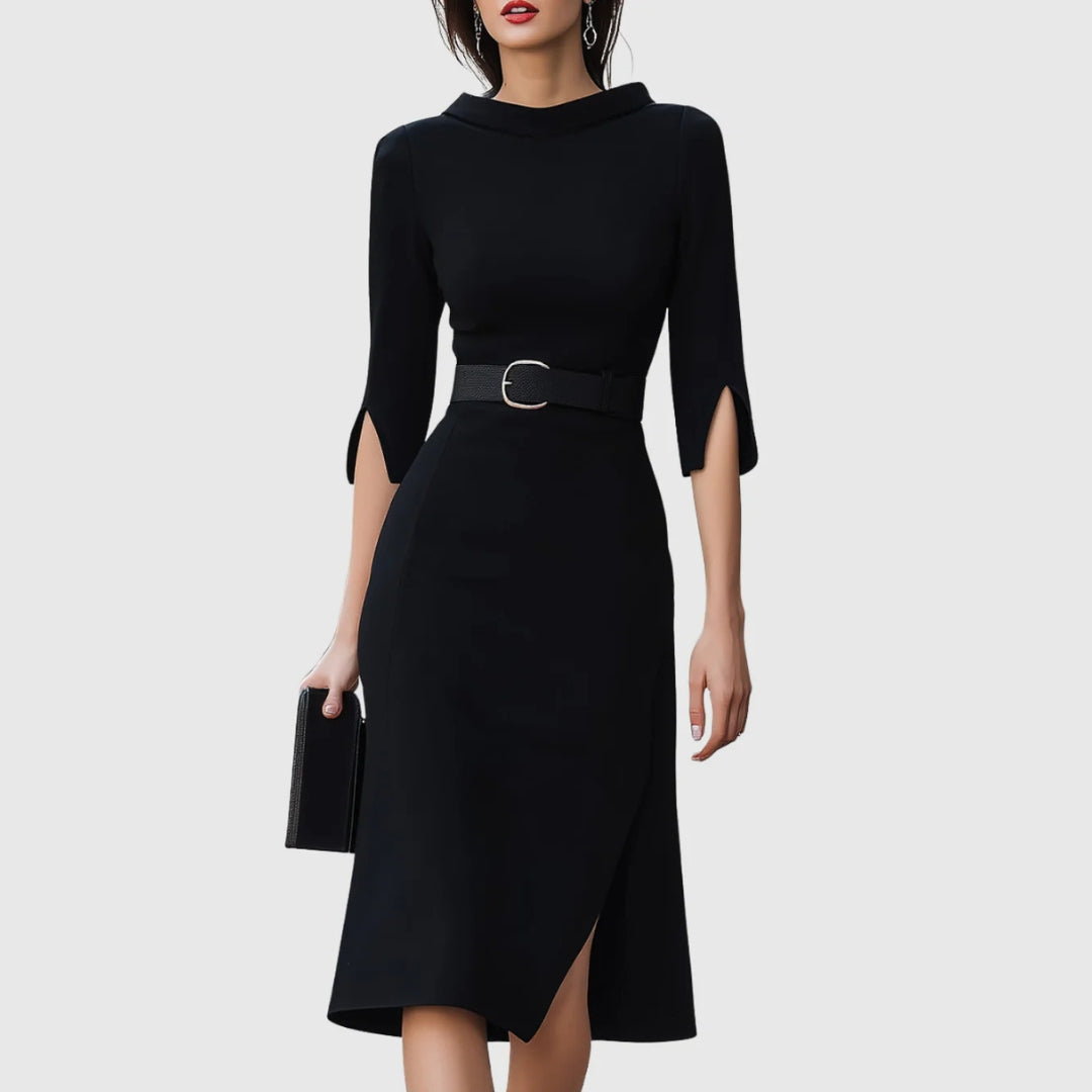 Women’s Tailored Office Midi Dress – Belted A-Line Style with Split Sleeves
