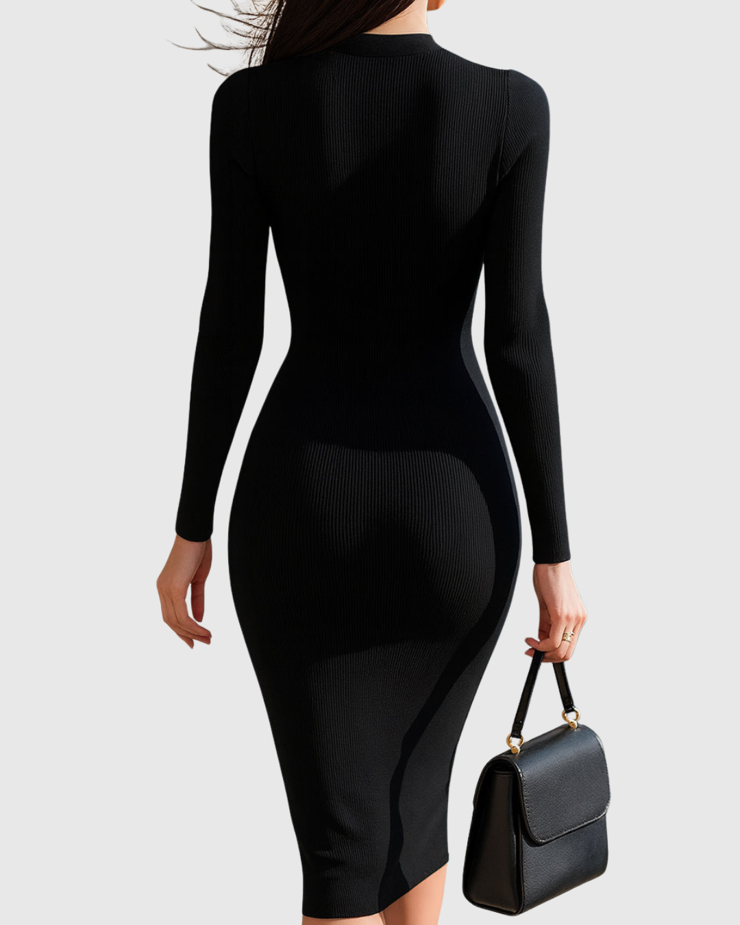 Elegante midi-jurk van geribd tricot voor dames - aansluitende jurk met lange mouwen, ritssluiting aan de voorkant en figuurvolgende pasvorm, met decoratieve zakdetails voor gekleed-casual gelegenheden en avondkleding