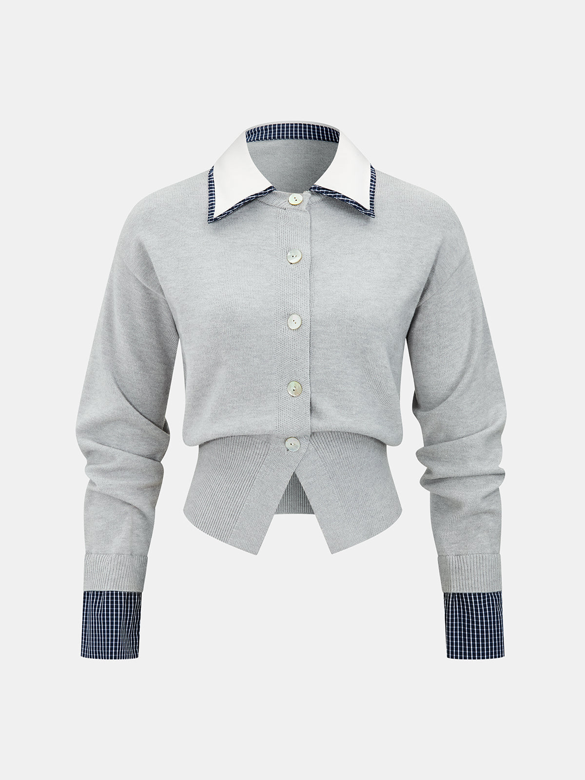 Kort damesvest van fijn breisel met contrasterende overhemdkraag en knoopsluiting - elegante nette casual laag voor kantoor