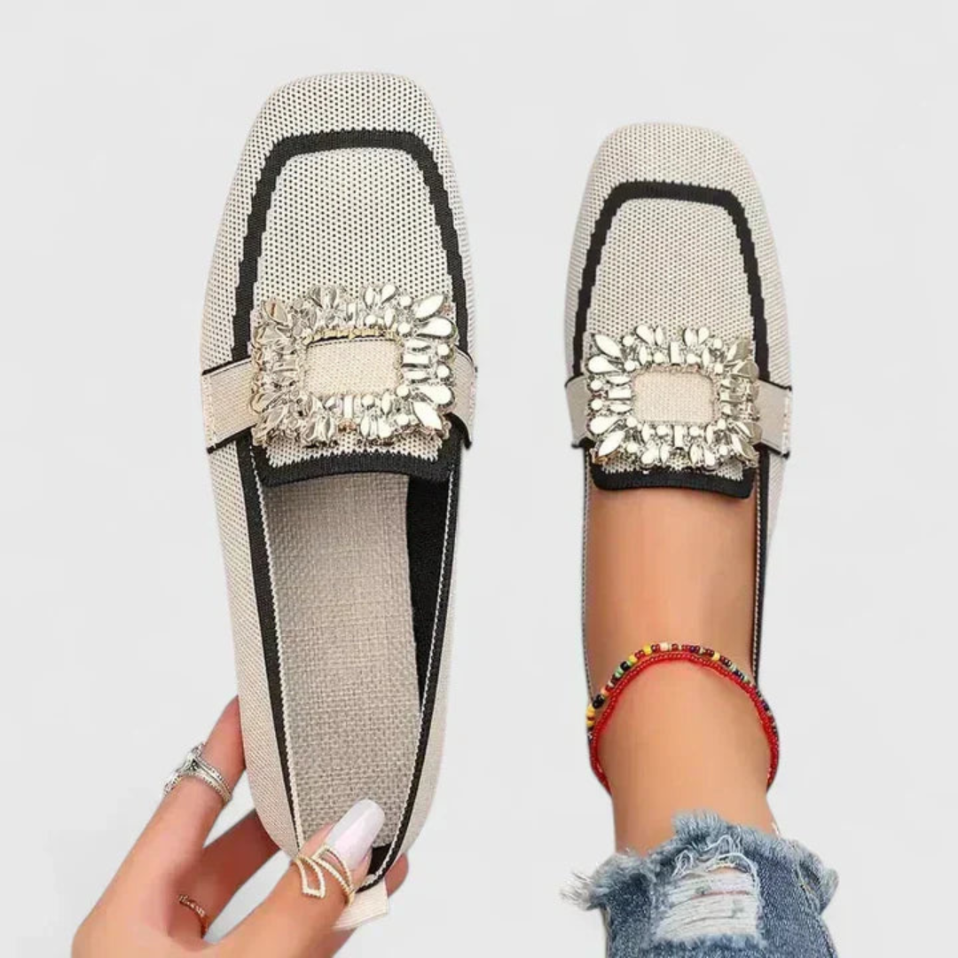 Women’s Crystal Buckle Loafers – Embellished Slip-On Flats for Smart Casual Wear