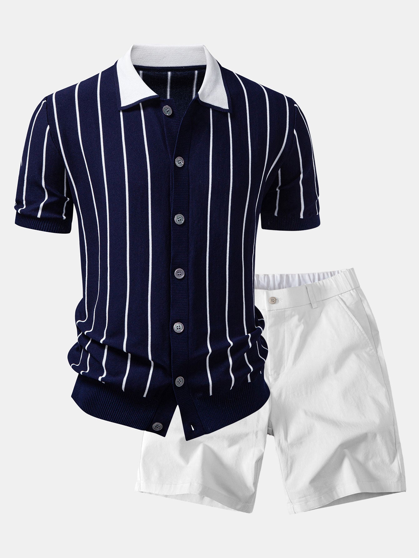 Pánská pletená košile z viskózy s elastanem a strečové chino šortky – letní smart casual souprava