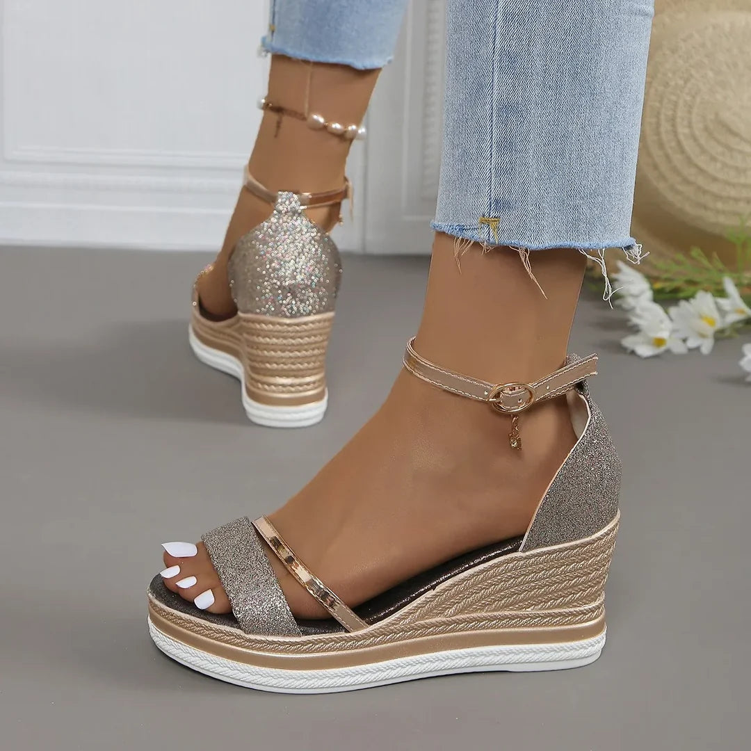 Women’s Glitter Platform Wedge Sandals – Ankle-Strap Shoes for Summer Events